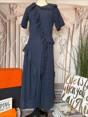 GOEN J- Navy Eyelet Ruffle Midi Dress - Women's